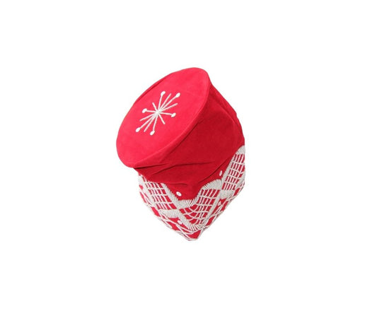 Fila Cap featuring a rich red velvet crown with a central starburst embroidery and a geometric lattice pattern around the base.
