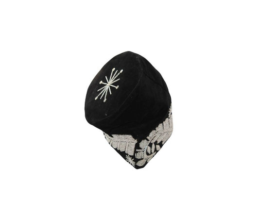 Fila Cap featuring black velvet with silver starburst beading on the crown and intricate leaf-inspired stone patterns around the base.