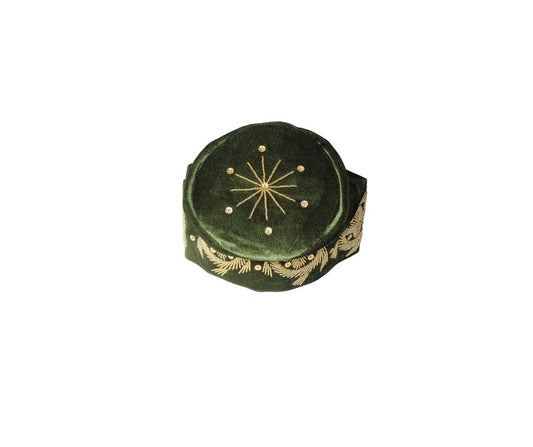 Fila Cap featuring olive green velvet with a central gold starburst and flowing gold leaf embroidery around the base.