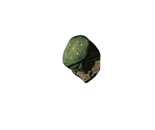 Fila Cap featuring olive green velvet with a central gold starburst and flowing gold leaf embroidery around the base.