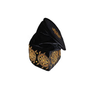 Fila Cap featuring solid black velvet with a central gold starburst and a series of circular gold floral motifs embroidered around the base.