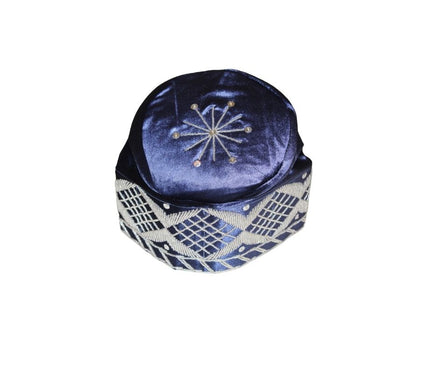 Fila Cap featuring deep blue velvet with a central silver starburst and a geometric lattice pattern around the base.