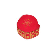 Fila Cap featuring a rich red velvet crown with a central gold starburst and a geometric gold pattern around the base.