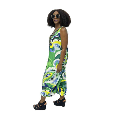 Harem Jumpsuit featuring a green botanical print, beaded V-neckline, and a voluminous drop-crotch silhouette.