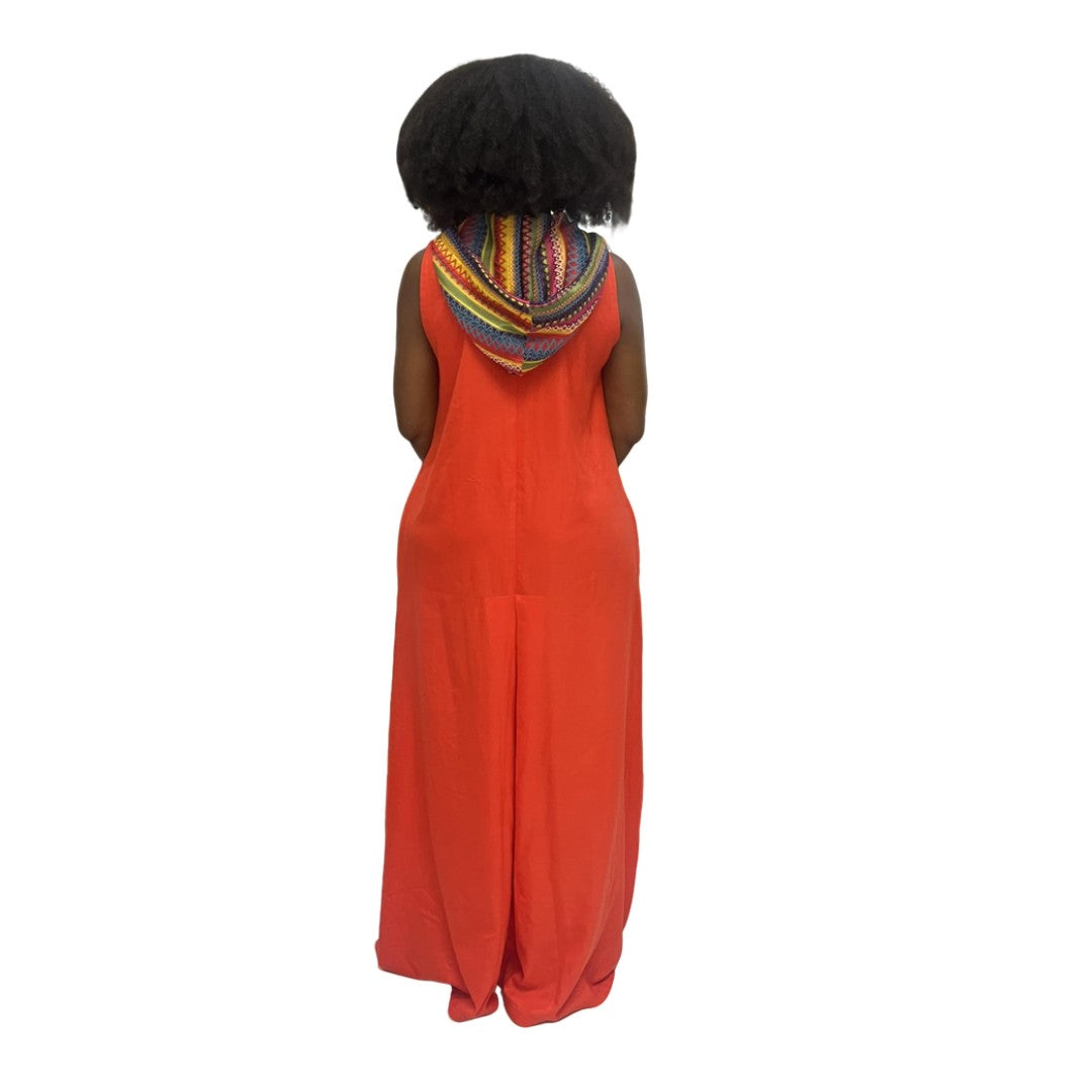 Sleeveless orange maxi dress featuring a hooded neckline with multicolor pattern lining, front zip detail, and a voluminous floor-length skirt.