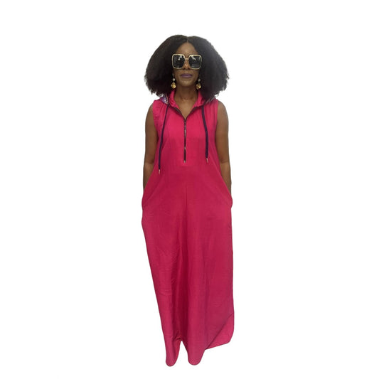 Sleeveless fuchsia maxi dress featuring a front zipper, side pockets, and a hoodie with a multicolor patterned lining.