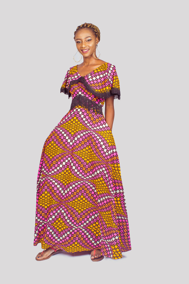African Print Ankara Maxi Dress with Tassels, Ankara Maxi Dress, African Print Dress