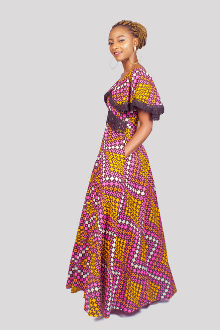 African Print Ankara Maxi Dress with Tassels, Ankara Maxi Dress, African Print Dress