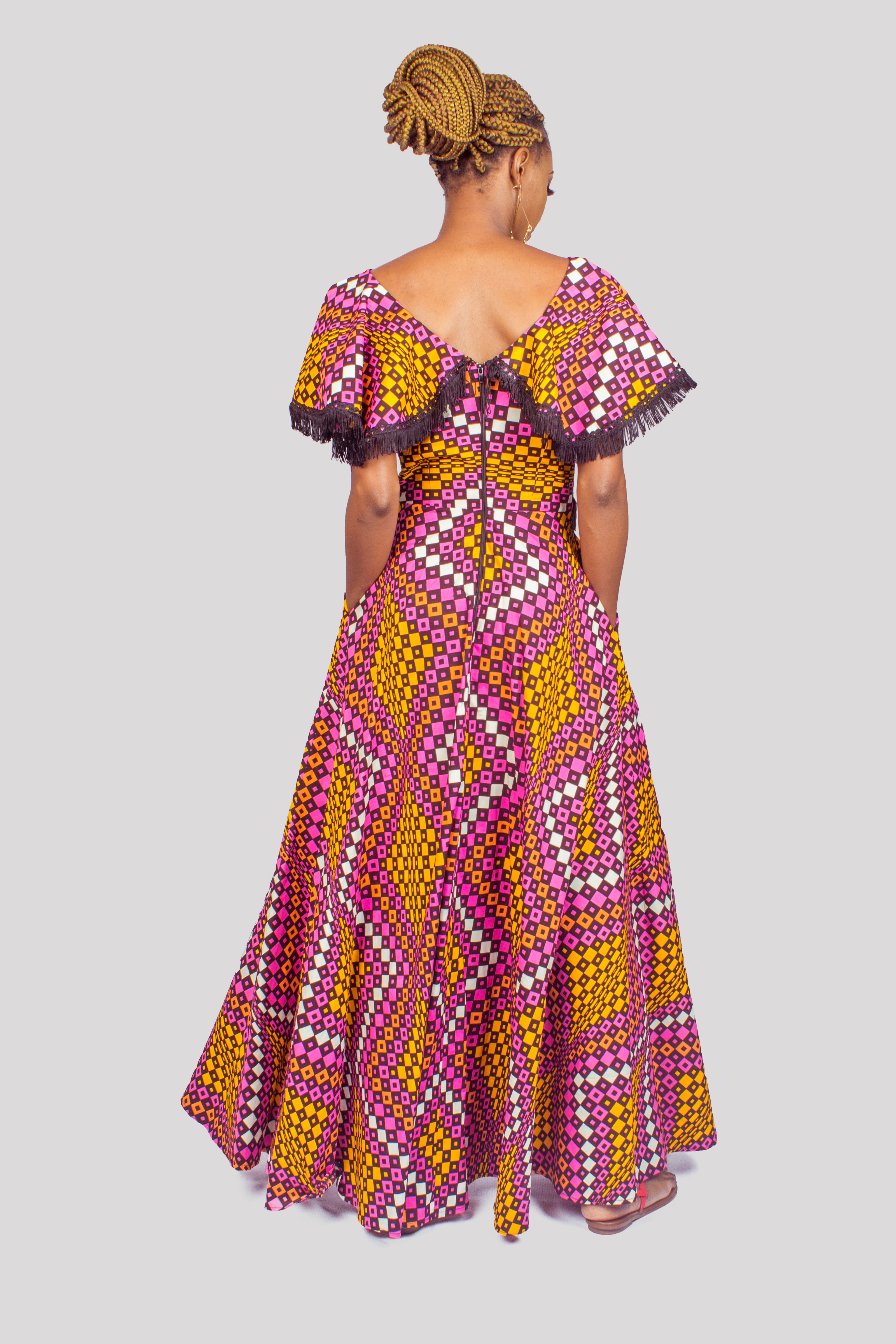 African Print Ankara Maxi Dress with Tassels, Ankara Maxi Dress, African Print Dress