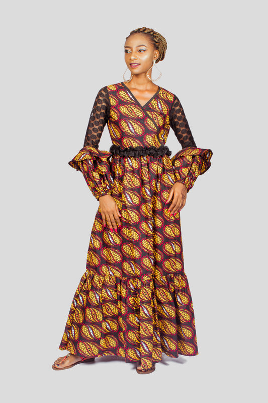 Ankara and Lace Sleeved Maxi Dress