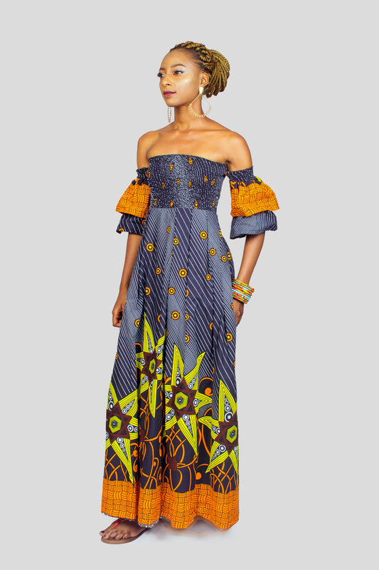 Ankara Off the shoulder Smocked Maxi Dress, African Print Dress, Ankara Maxi Dress, African Clothing