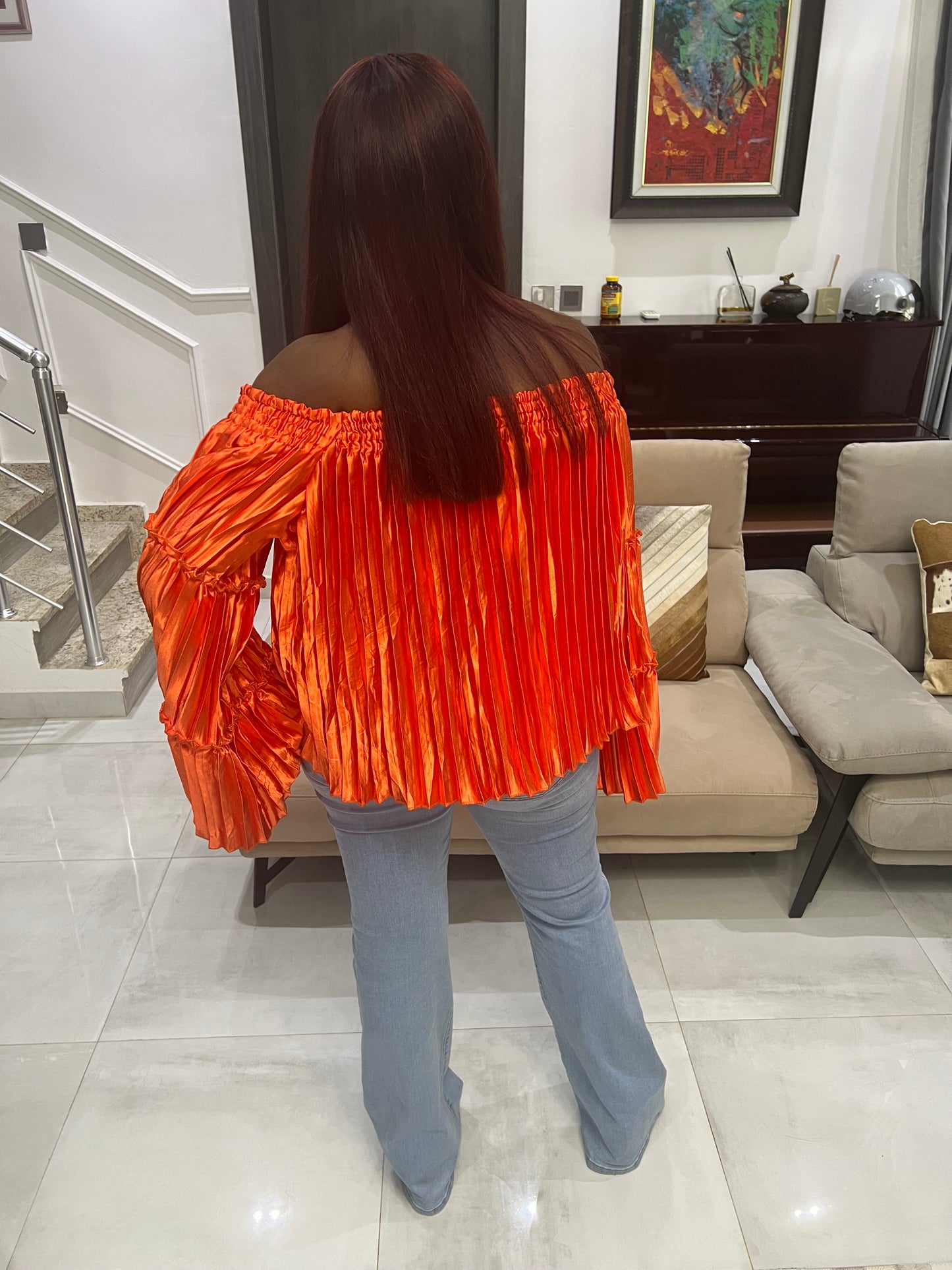 Orange Off the shoulder Pleated Silk Top, Off Shoulder Top, Pleated Top