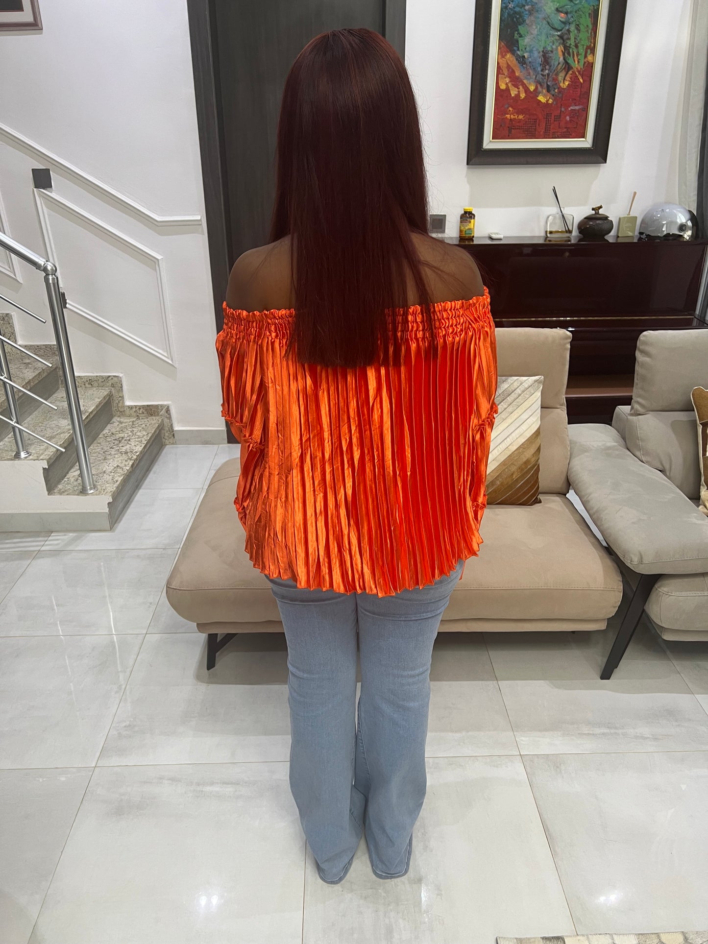 Orange Off the shoulder Pleated Silk Top, Off Shoulder Top, Pleated Top