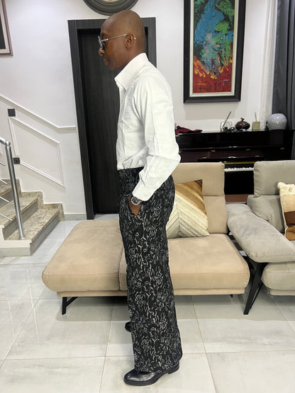 Black and Grey Floral Jacquard Pants