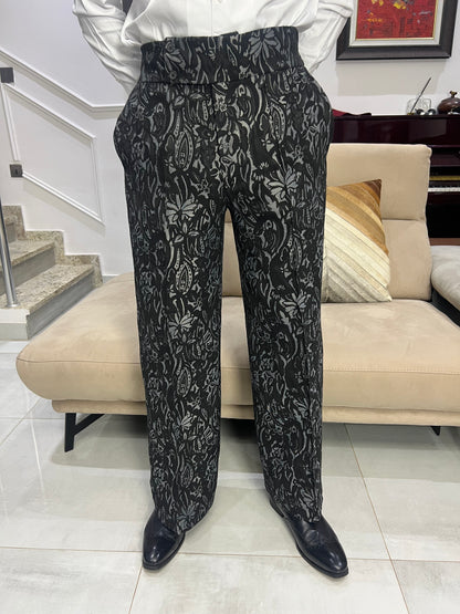 Black and Grey Floral Jacquard Pants