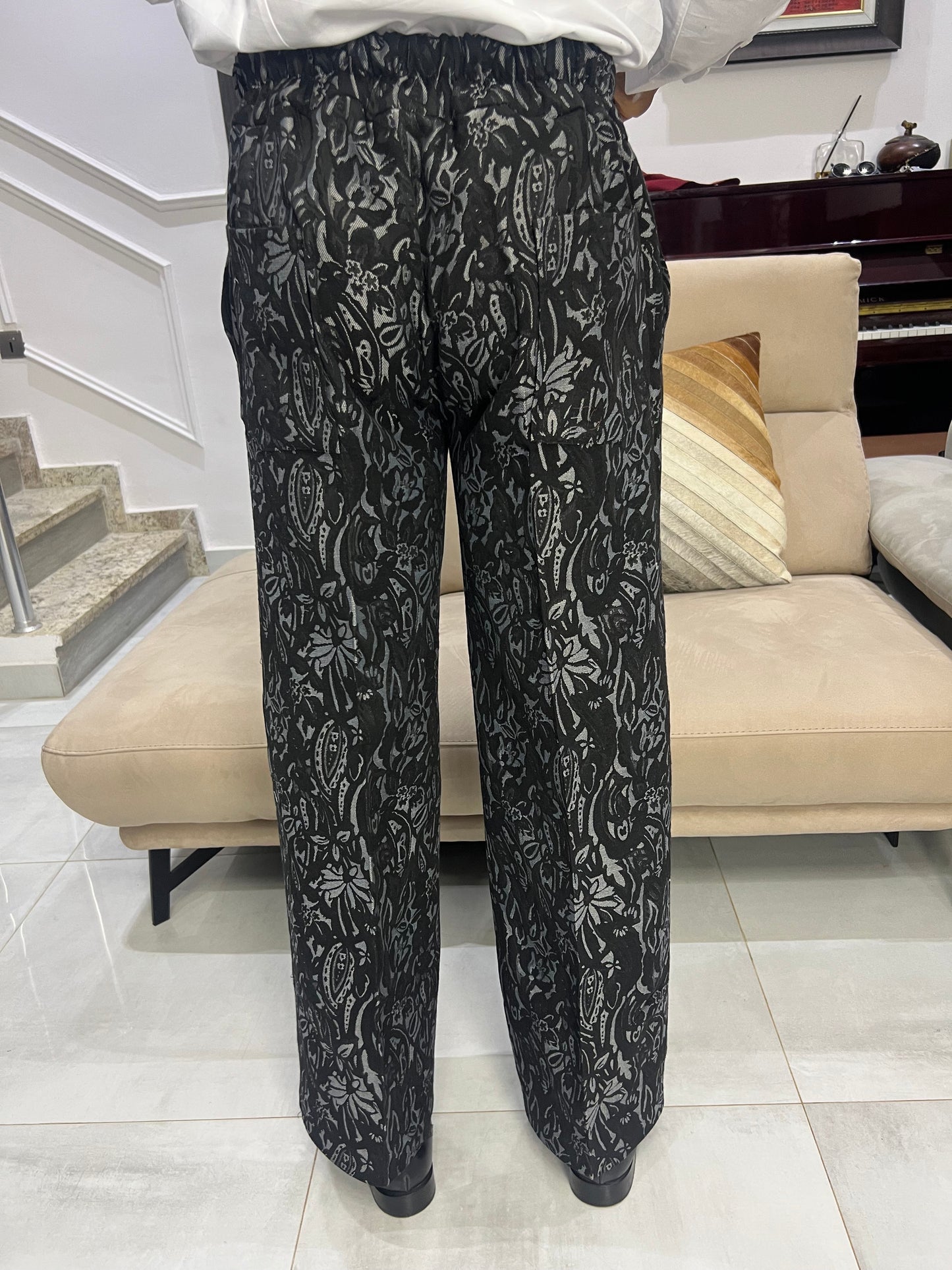 Black and Grey Floral Jacquard Pants