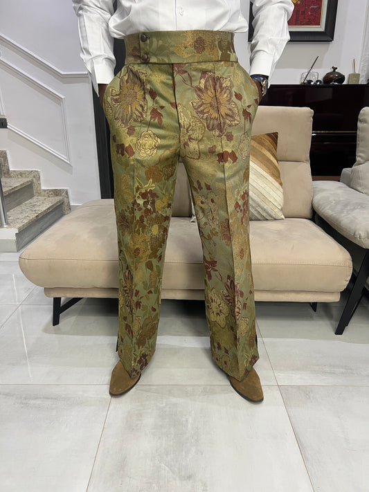 Brown Floral Jacquard Pants