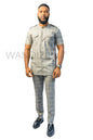 Gray Check Plaid Suit with Epaulette, 2PC African Mens Clothing, African Mens Traditional Clothing