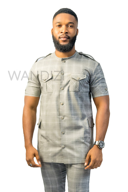 Gray Check Plaid Suit with Epaulette, 2PC African Mens Clothing, African Mens Traditional Clothing
