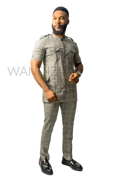 Gray Check Plaid Suit with Epaulette, 2PC African Mens Clothing, African Mens Traditional Clothing