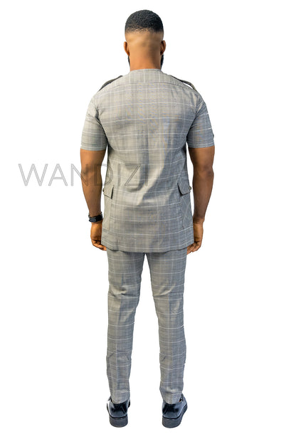 Gray Check Plaid Suit with Epaulette, 2PC African Mens Clothing, African Mens Traditional Clothing