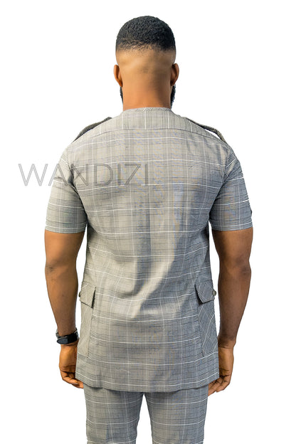 Gray Check Plaid Suit with Epaulette, 2PC African Mens Clothing, African Mens Traditional Clothing