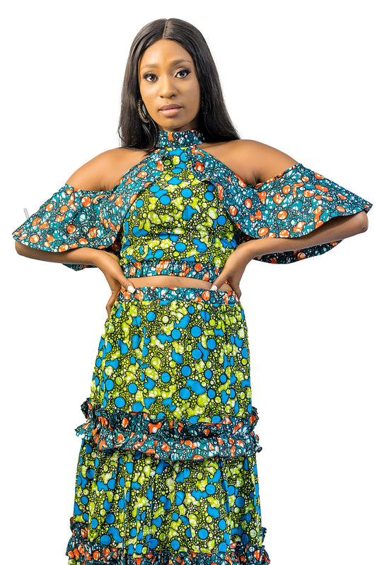 Cold Shoulder Flare Top & Ruffled Layered Long Skirt, Ankara 2piece Skirt