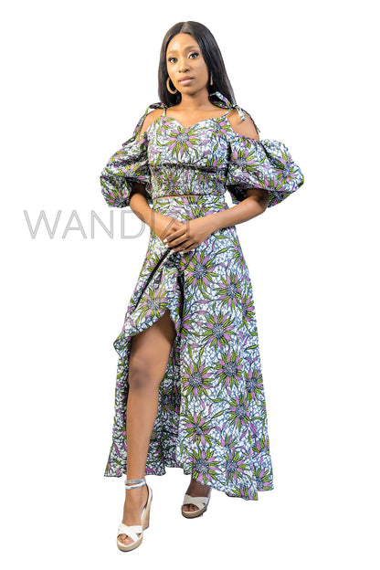 Smocked Elastic Top and Ruffle Wrap Long Skirt,  Ankara Crop Top and Wrap Skirt