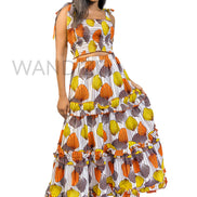 Smocked Elastic Top and Ruffle Layered Long Skirt,  Ankara Crop Top and Layered Skirt