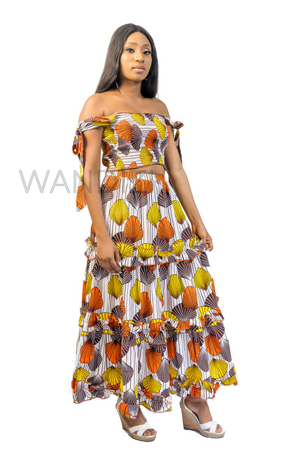 Smocked Elastic Top and Ruffle Layered Long Skirt,  Ankara Crop Top and Layered Skirt