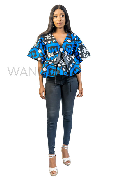 Blue Front Tie Peplum Top, Ankara Peplum Top, African Print Peplum Top, African Womens Clothing