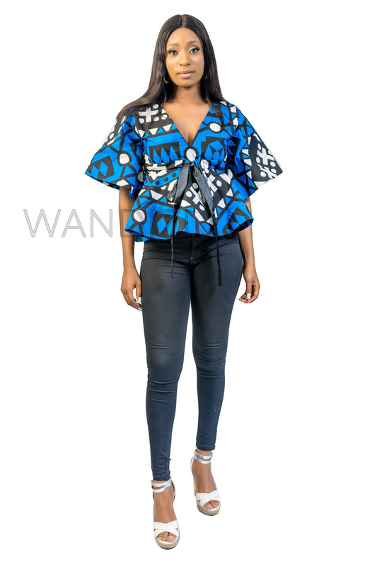 Blue Front Tie Peplum Top, Ankara Peplum Top, African Print Peplum Top, African Womens Clothing