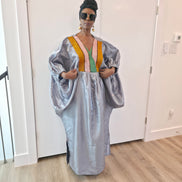 Luxury silver-grey Beaded Boubou Kaftan featuring a V-neckline with a colorful beaded mosaic pattern and voluminous sleeves.