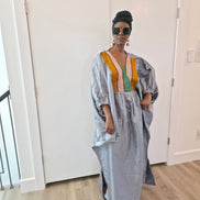 Luxury silver-grey Beaded Boubou Kaftan featuring a V-neckline with a colorful beaded mosaic pattern and voluminous sleeves.
