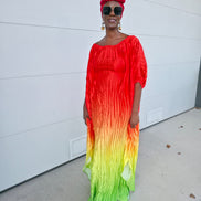 Pleated Ombre Kaftan available in red-green, yellow-pink, and pink-blue gradients, featuring a wide neckline and a flowing Boubou silhouette.