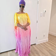 Pleated Ombre Kaftan available in red-green, yellow-pink, and pink-blue gradients, featuring a wide neckline and a flowing Boubou silhouette.