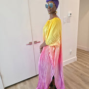 Pleated Ombre Kaftan available in red-green, yellow-pink, and pink-blue gradients, featuring a wide neckline and a flowing Boubou silhouette.