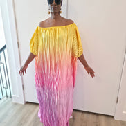 Pleated Ombre Kaftan available in red-green, yellow-pink, and pink-blue gradients, featuring a wide neckline and a flowing Boubou silhouette.