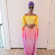 Pleated Ombre Kaftan available in red-green, yellow-pink, and pink-blue gradients, featuring a wide neckline and a flowing Boubou silhouette.