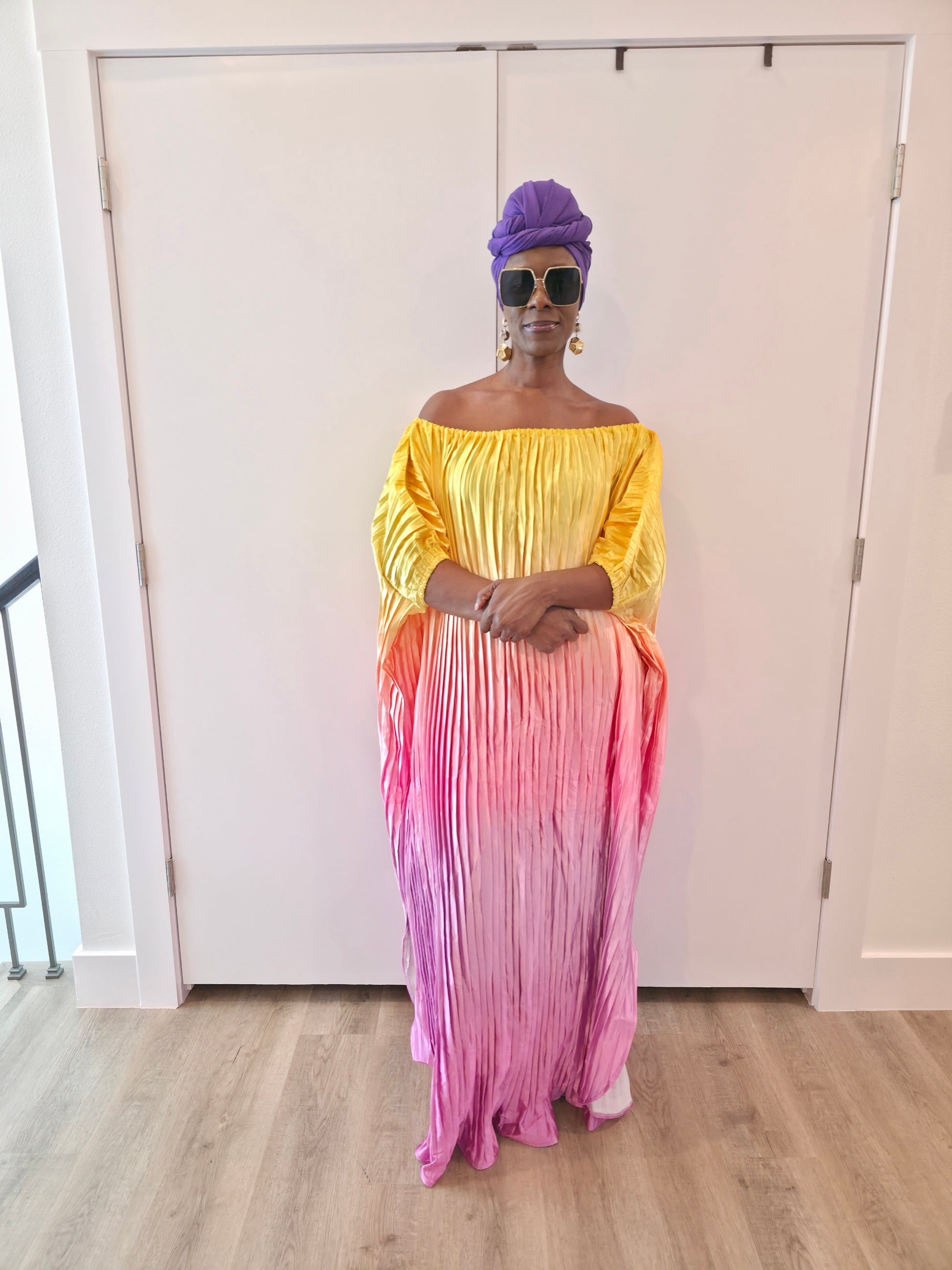 Pleated Ombre Kaftan available in red-green, yellow-pink, and pink-blue gradients, featuring a wide neckline and a flowing Boubou silhouette.