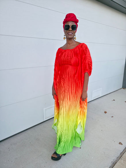 Pleated Ombre Kaftan available in red-green, yellow-pink, and pink-blue gradients, featuring a wide neckline and a flowing Boubou silhouette.