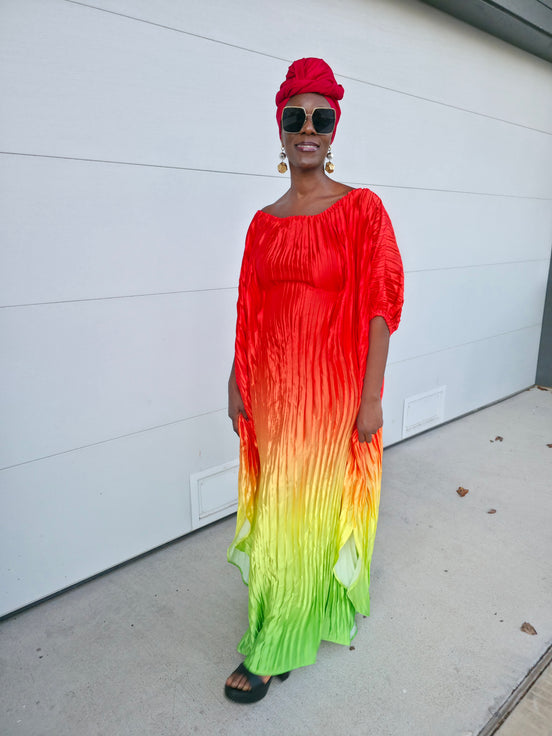 Pleated Ombre Kaftan available in red-green, yellow-pink, and pink-blue gradients, featuring a wide neckline and a flowing Boubou silhouette.