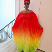 Pleated Ombre Kaftan available in red-green, yellow-pink, and pink-blue gradients, featuring a wide neckline and a flowing Boubou silhouette.