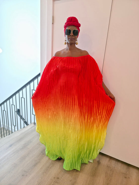 Pleated Ombre Kaftan available in red-green, yellow-pink, and pink-blue gradients, featuring a wide neckline and a flowing Boubou silhouette.