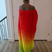 Pleated Ombre Kaftan available in red-green, yellow-pink, and pink-blue gradients, featuring a wide neckline and a flowing Boubou silhouette.
