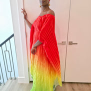 Pleated Ombre Kaftan available in red-green, yellow-pink, and pink-blue gradients, featuring a wide neckline and a flowing Boubou silhouette.