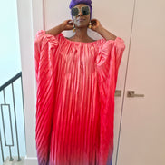 Pleated Ombre Kaftan available in red-green, yellow-pink, and pink-blue gradients, featuring a wide neckline and a flowing Boubou silhouette.