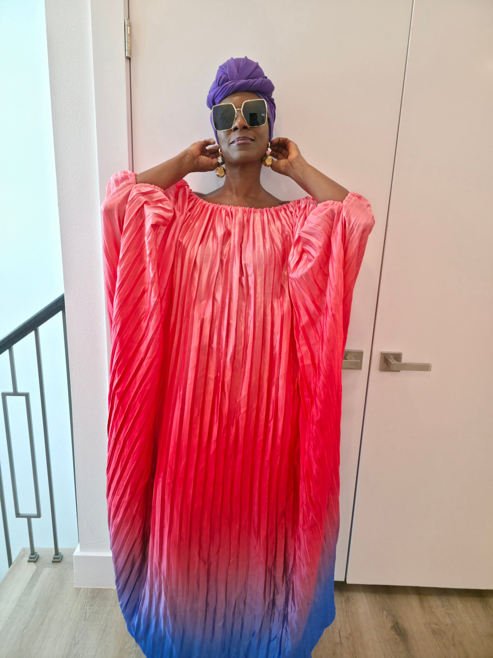 Pleated Ombre Kaftan available in red-green, yellow-pink, and pink-blue gradients, featuring a wide neckline and a flowing Boubou silhouette.