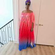 Pleated Ombre Kaftan available in red-green, yellow-pink, and pink-blue gradients, featuring a wide neckline and a flowing Boubou silhouette.