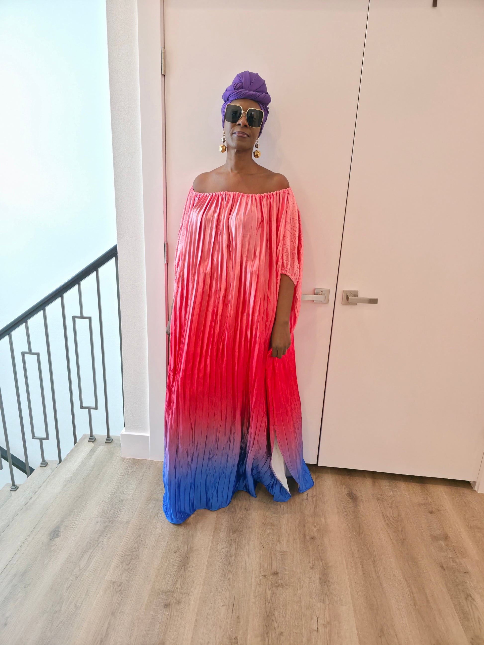Pleated Ombre Kaftan available in red-green, yellow-pink, and pink-blue gradients, featuring a wide neckline and a flowing Boubou silhouette.